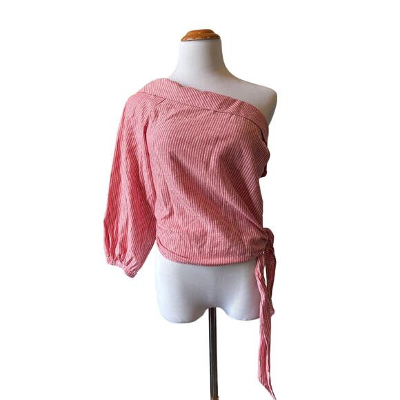 Free People Get Down One Shoulder Striped Poplin Top -  Red,  Size 12, NWT - Picture 1 of 6
